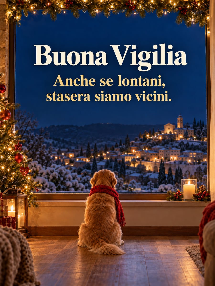 Immagine della Vigilia di Natale con la scritta «Buona Vigilia» e «Anche se lontani, stasera siamo vicini.» – golden retriever alla finestra, borgo illuminato, candela