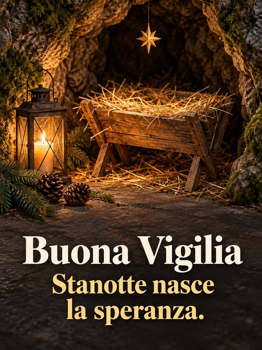 Immagine della Vigilia di Natale con la scritta «Buona Vigilia» e «Stanotte nasce la speranza.» – mangiatoia vuota, grotta, lanterna, stella