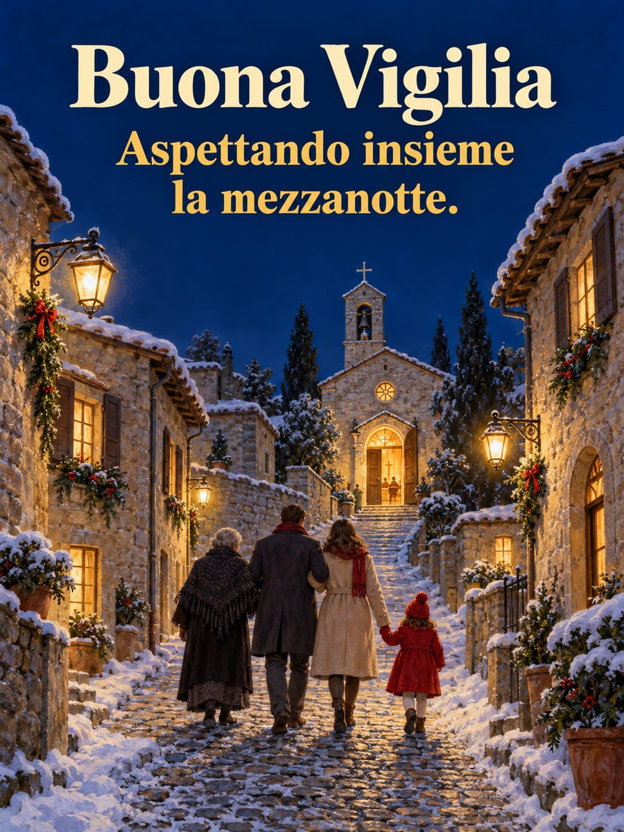 Immagine della Vigilia di Natale con la scritta «Buona Vigilia» e «Aspettando insieme la mezzanotte.» – famiglia in cammino, vicolo innevato, chiesetta, lampioni