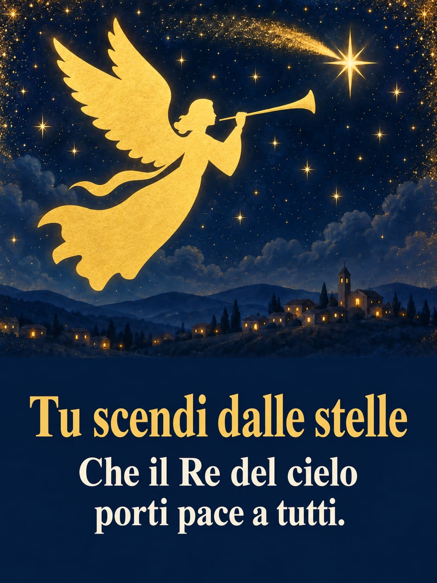 Immagine della Vigilia di Natale con la scritta «Tu scendi dalle stelle» e «Che il Re del cielo porti pace a tutti.» – angelo con la tromba, stella cometa, cielo stellato