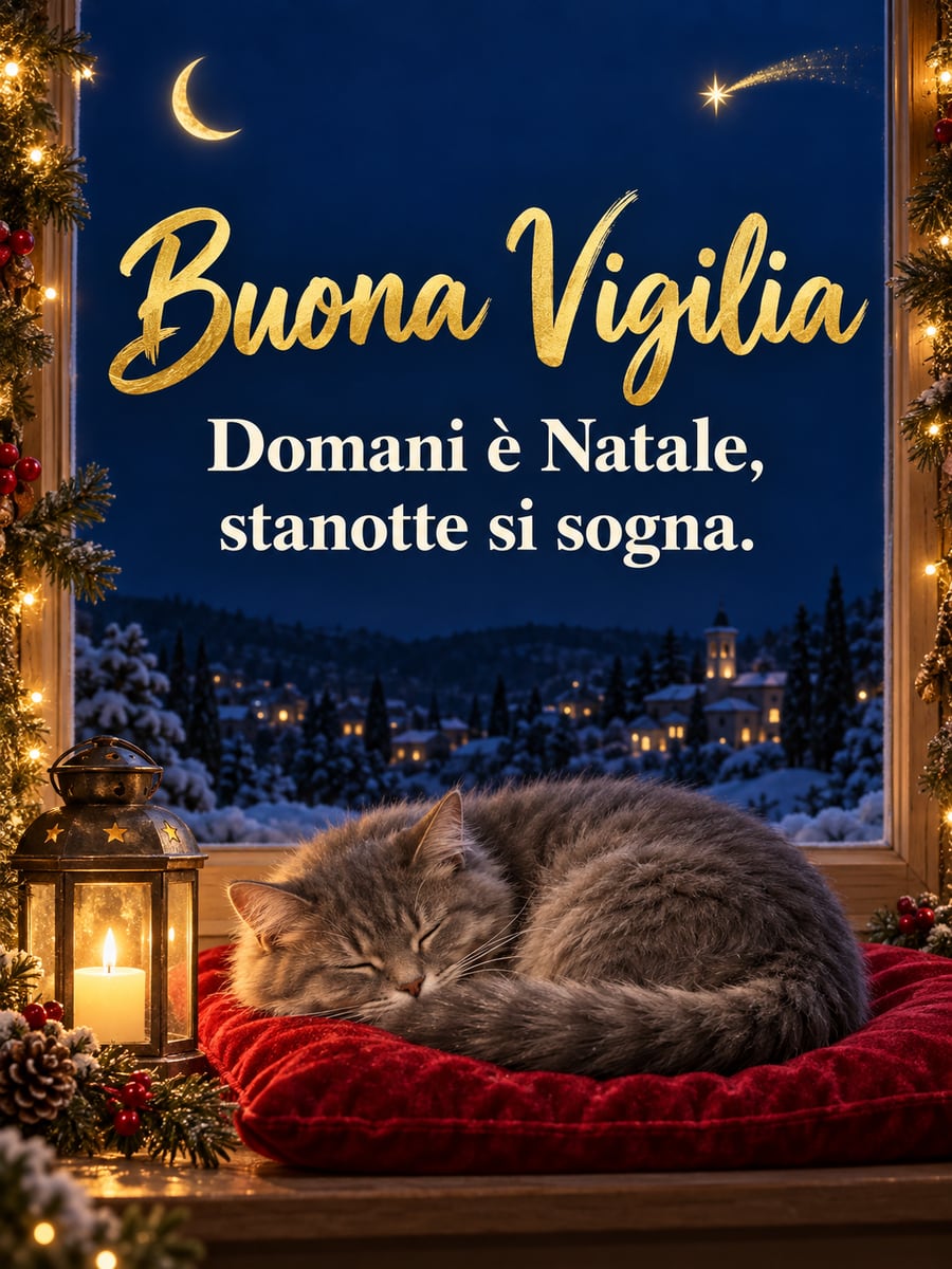 Immagine della Vigilia di Natale con la scritta «Buona Vigilia» e «Domani è Natale, stanotte si sogna.» – gatto grigio addormentato, lanterna, luna, stella cometa