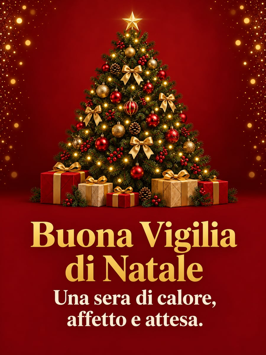 Immagine della Vigilia di Natale con la scritta «Buona Vigilia di Natale» e «Una sera di calore, affetto e attesa.» – albero di Natale, palline, regali