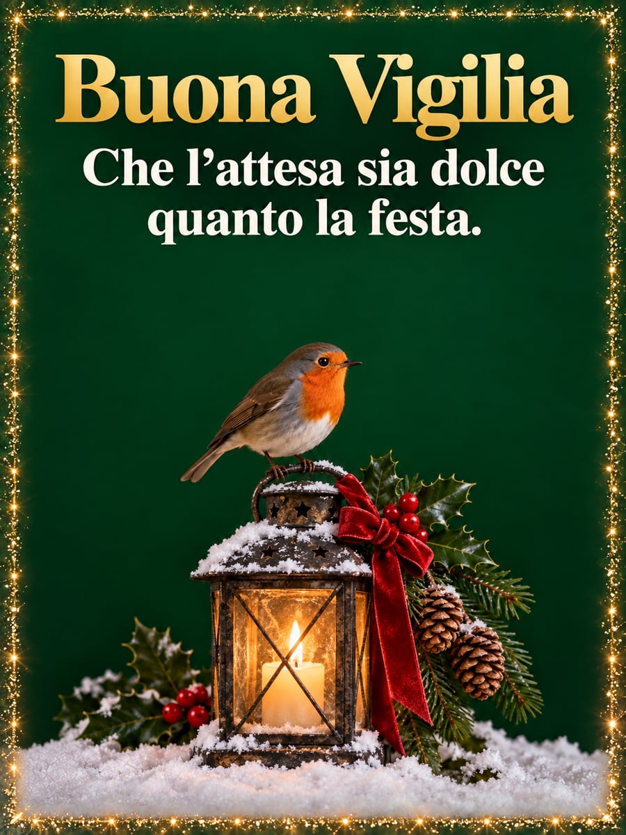 Immagine della Vigilia di Natale con la scritta «Buona Vigilia» e «Che l’attesa sia dolce quanto la festa.» – pettirosso, lanterna, fiocco rosso, neve