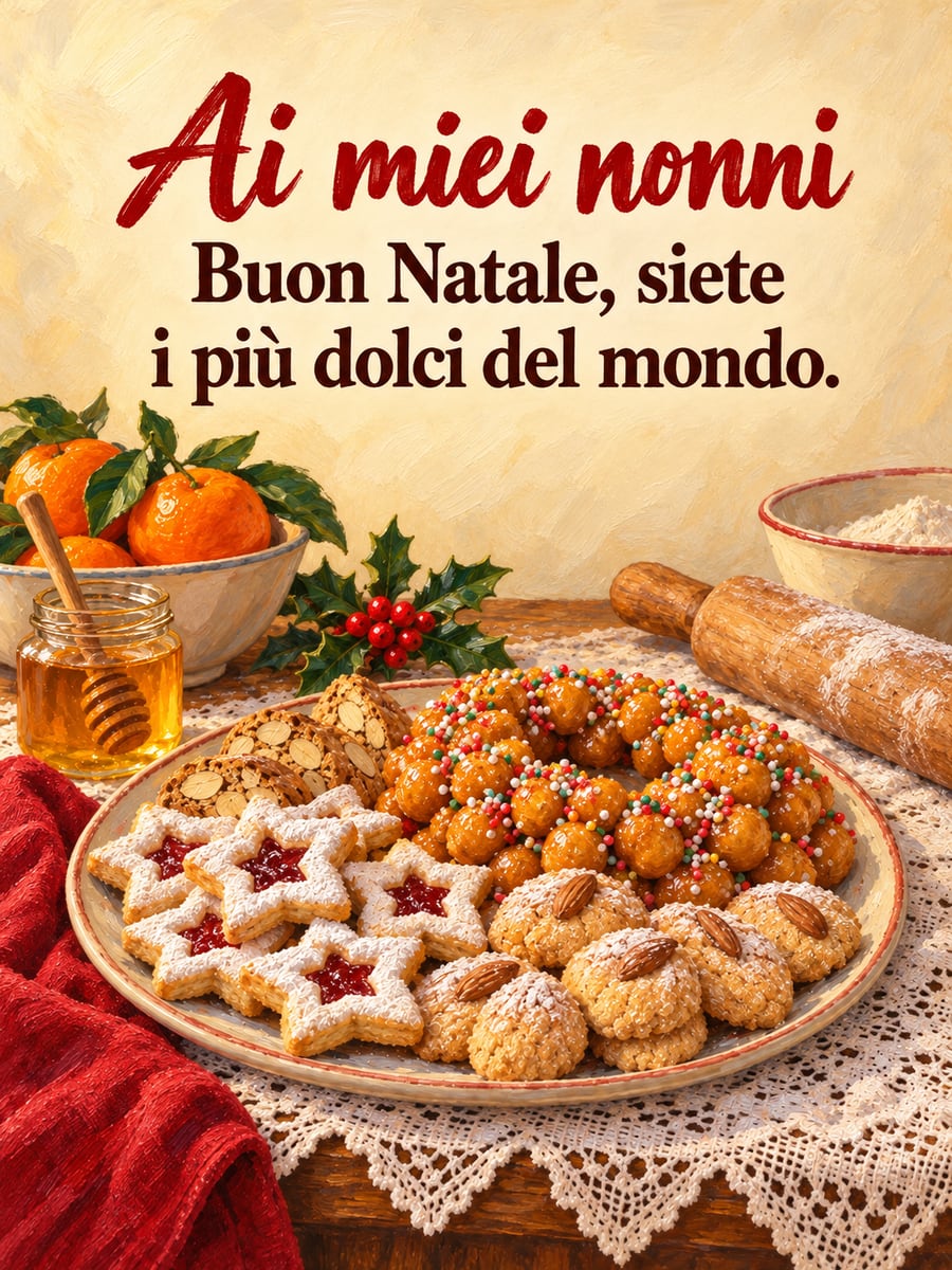 Immagine della Vigilia di Natale con la scritta «Ai miei nonni» e «Buon Natale, siete i più dolci del mondo.» – biscotti di Natale, miele, mandarini, mattarello