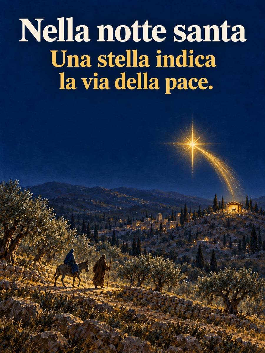 Immagine della Vigilia di Natale con la scritta «Nella notte santa» e «Una stella indica la via della pace.» – Maria e Giuseppe con l’asinello, stella cometa, ulivi