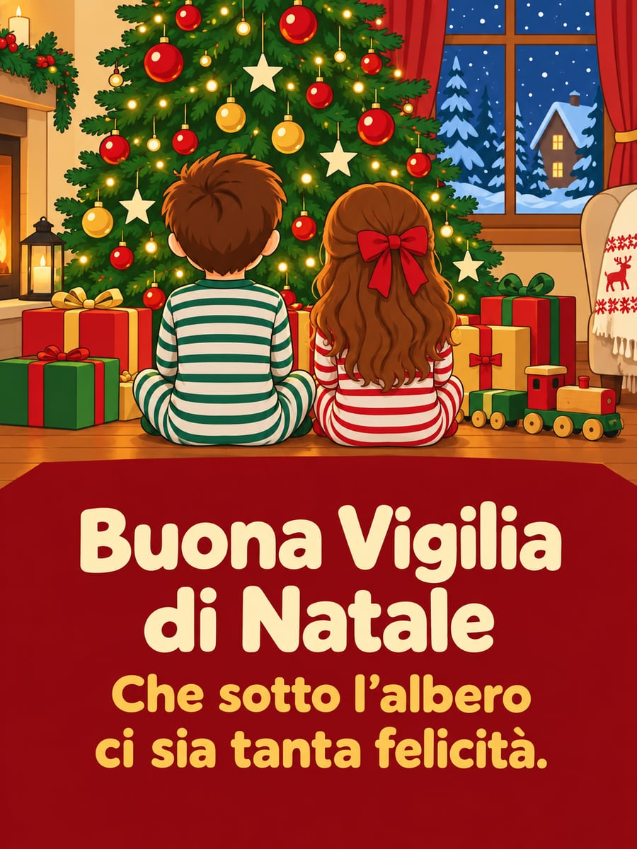 Immagine della Vigilia di Natale con la scritta «Buona Vigilia di Natale» e «Che sotto l’albero ci sia tanta felicità.» – bambini sotto l’albero, regali, trenino