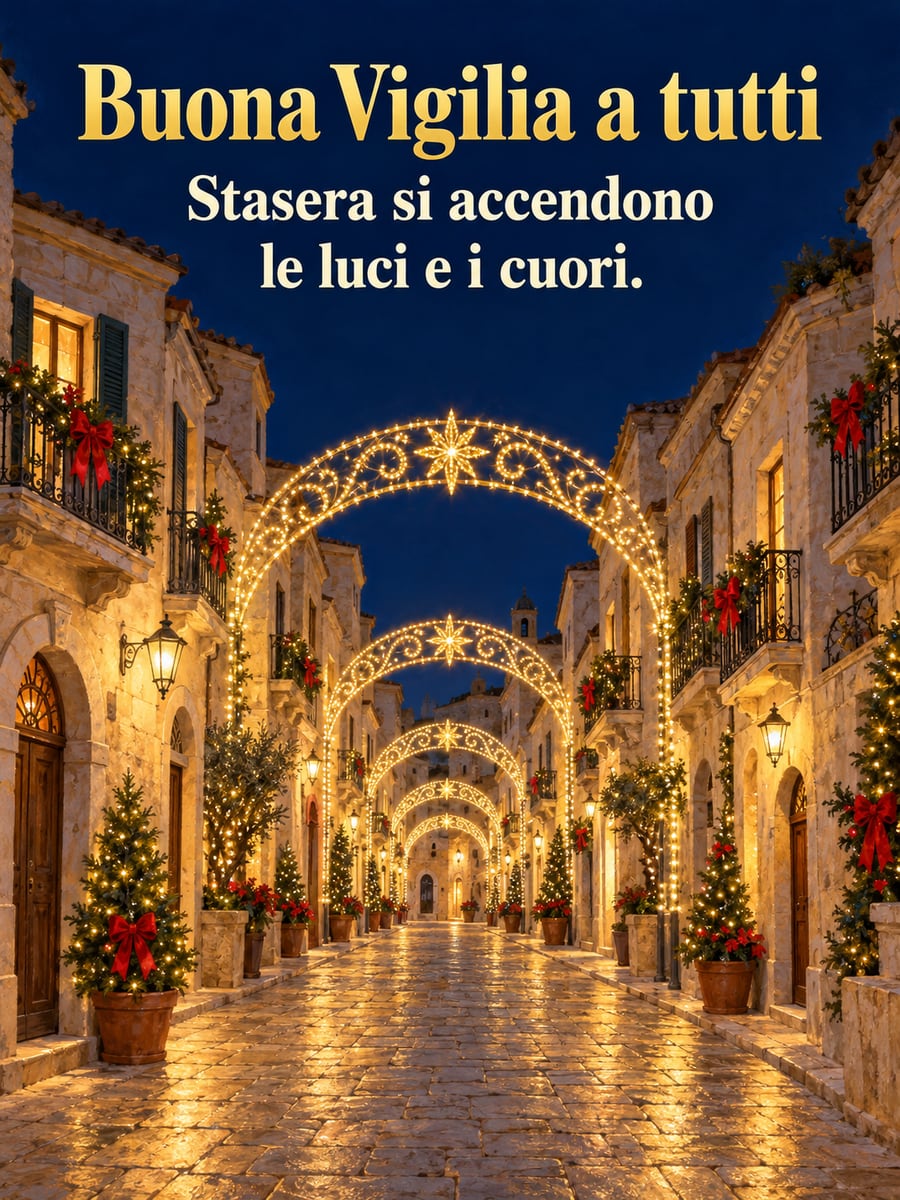 Immagine della Vigilia di Natale con la scritta «Buona Vigilia a tutti» e «Stasera si accendono le luci e i cuori.» – luminarie, vicolo del borgo, case di pietra