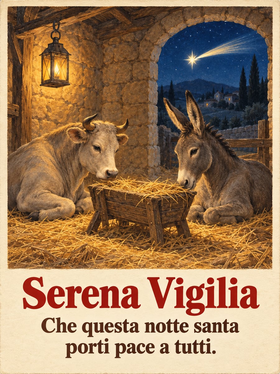 Immagine della Vigilia di Natale con la scritta «Serena Vigilia» e «Che questa notte santa porti pace a tutti.» – bue, asinello, mangiatoia vuota, stella cometa
