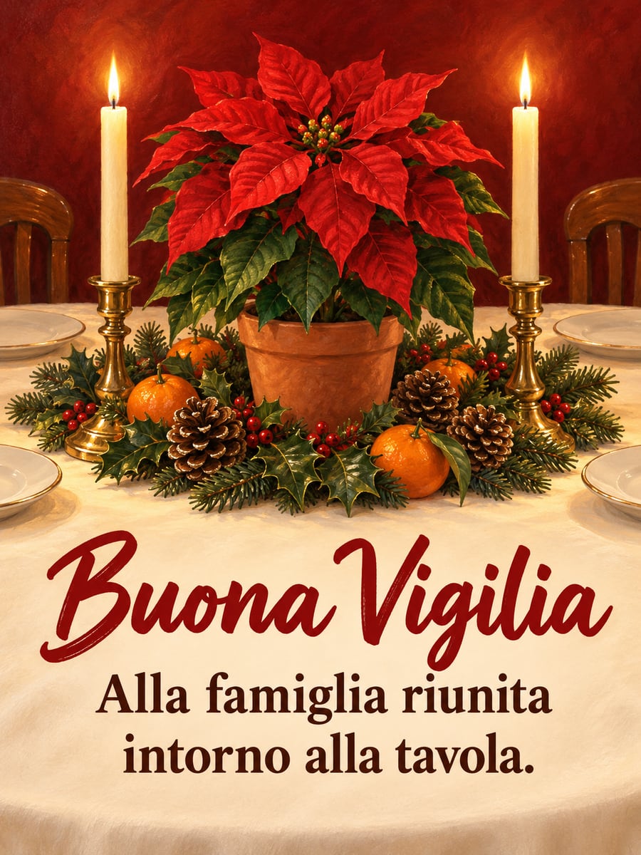 Immagine della Vigilia di Natale con la scritta «Buona Vigilia» e «Alla famiglia riunita intorno alla tavola.» – stella di Natale, candele, pigne, mandarini