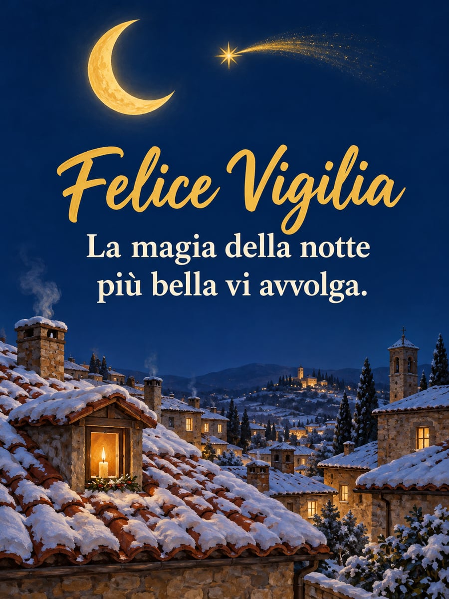 Immagine della Vigilia di Natale con la scritta «Felice Vigilia» e «La magia della notte più bella vi avvolga.» – tetti innevati, luna, stella cometa