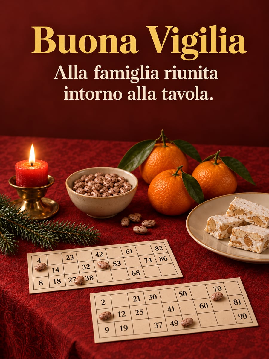 Immagine della Vigilia di Natale con la scritta «Buona Vigilia» e «Alla famiglia riunita intorno alla tavola.» – cartelle della tombola, torrone, mandarini, candela