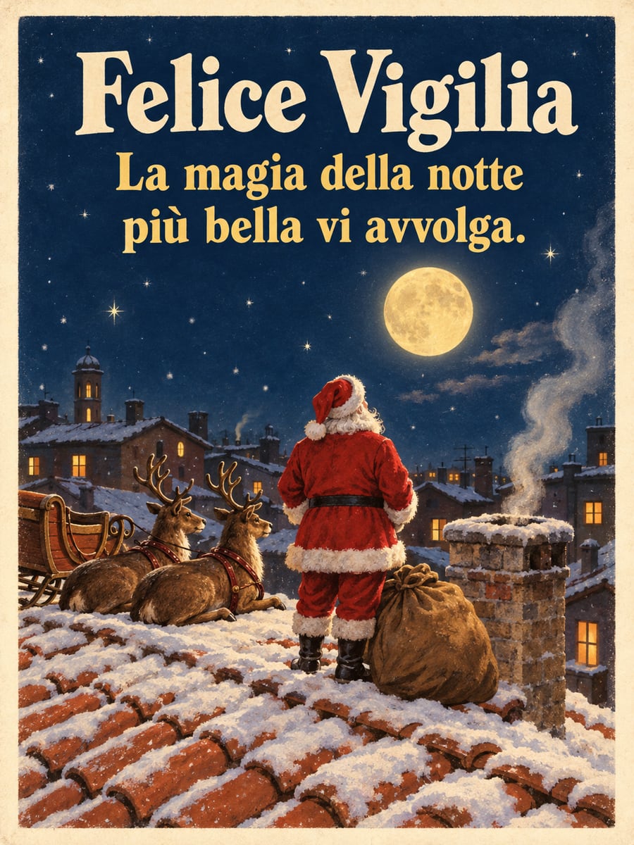 Immagine della Vigilia di Natale con la scritta «Felice Vigilia» e «La magia della notte più bella vi avvolga.» – Babbo Natale sul tetto, slitta, renne, luna piena