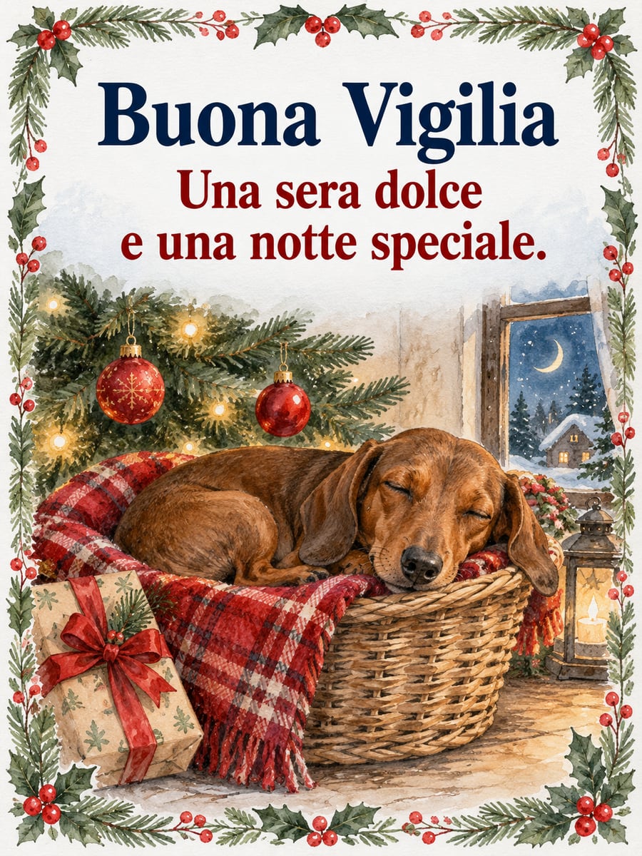 Immagine della Vigilia di Natale con la scritta «Buona Vigilia» e «Una sera dolce e una notte speciale.» – bassotto addormentato, cesta, albero di Natale, luna