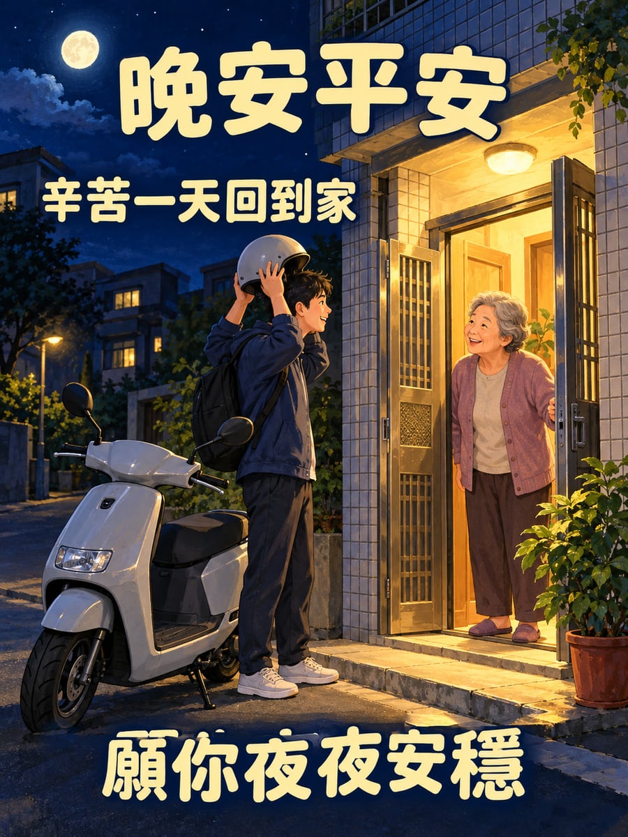 阿嬤留燈等你。圖中文字：晚安平安，辛苦一天回到家，願你夜夜安穩