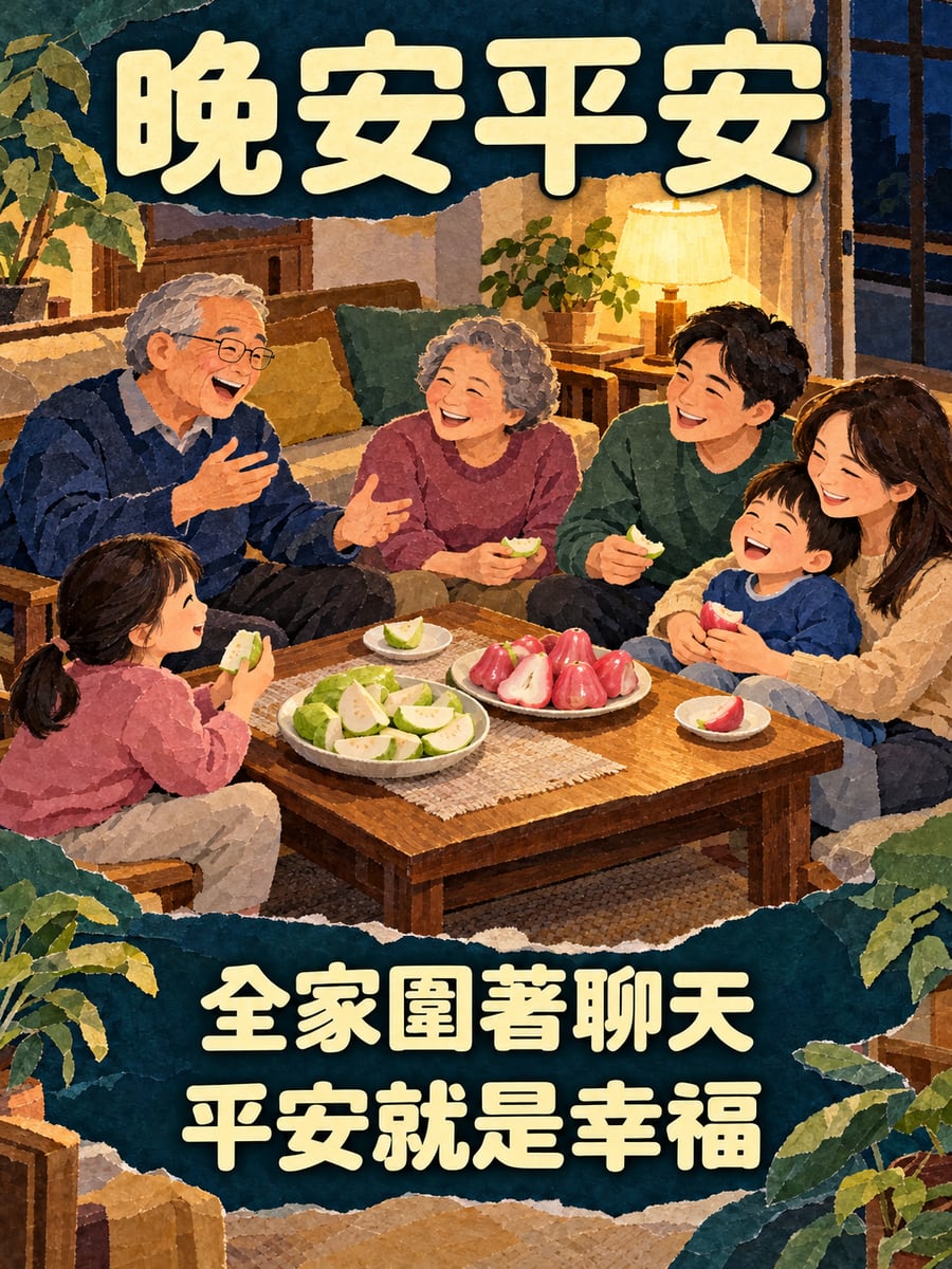 全家吃水果聊天。圖中文字：晚安平安，全家圍著聊天，平安就是幸福