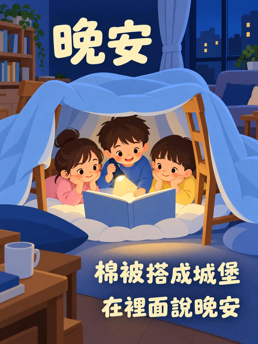 棉被城堡。圖中文字：晚安，棉被搭成城堡，在裡面說晚安