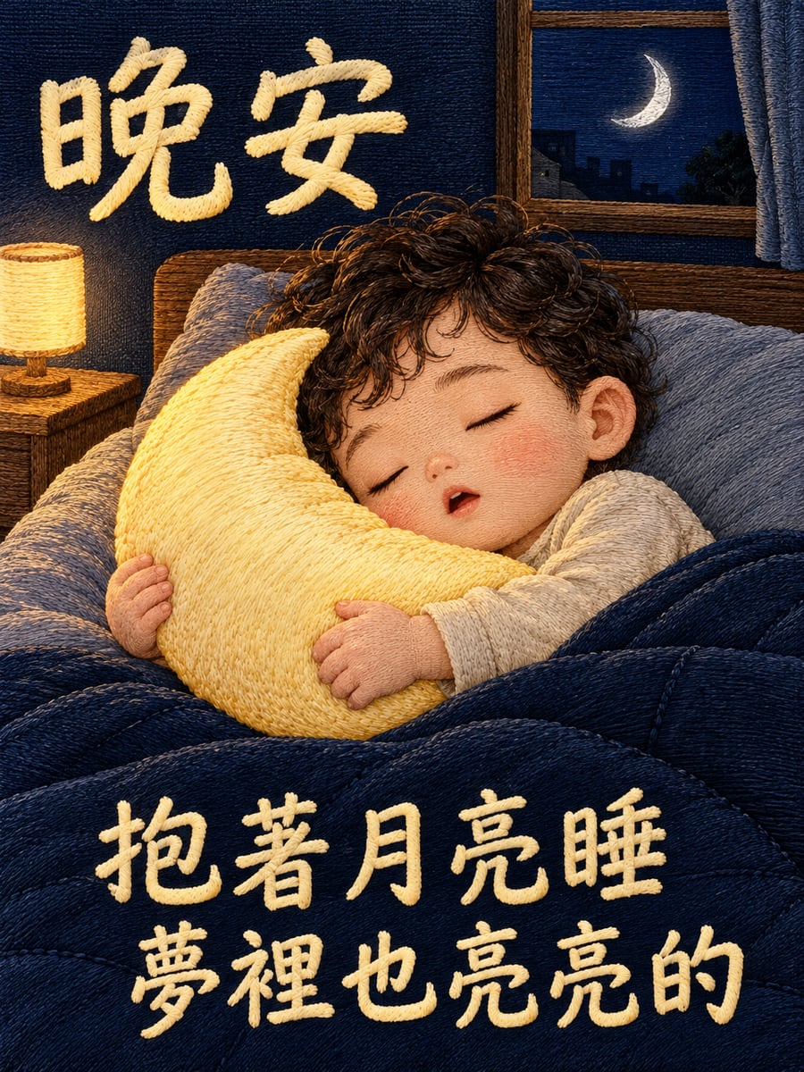 抱著月亮抱枕的小孩。圖中文字：晚安，抱著月亮睡，夢裡也亮亮的