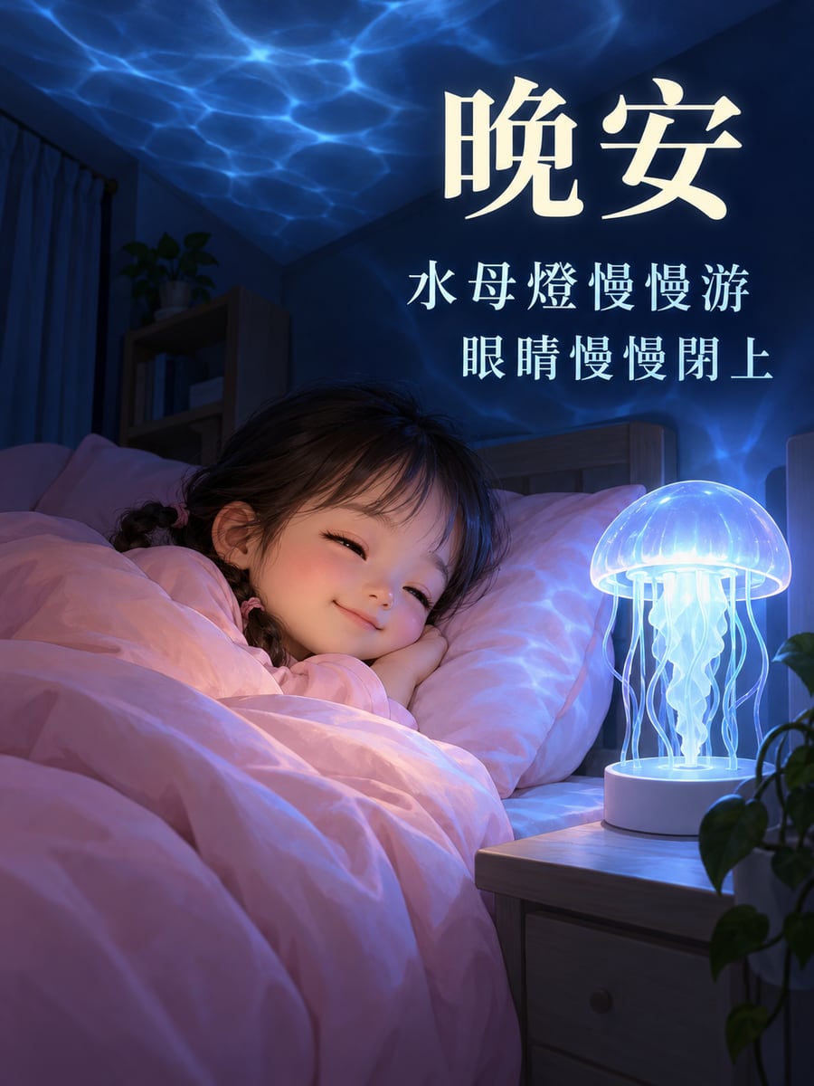 水母夜燈。圖中文字：晚安，水母燈慢慢游，眼睛慢慢閉上