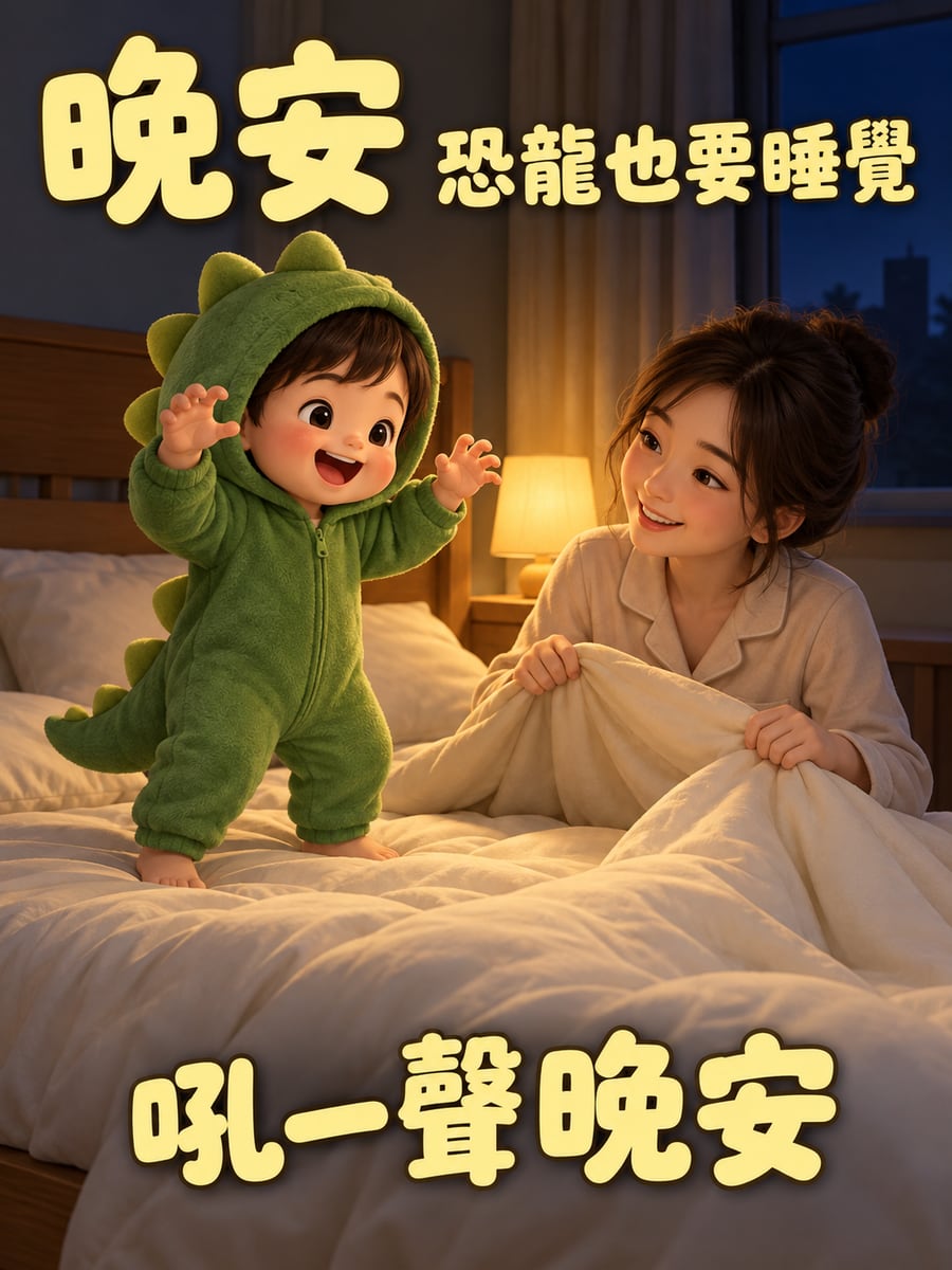 恐龍睡衣小孩。圖中文字：晚安，恐龍也要睡覺，吼一聲晚安