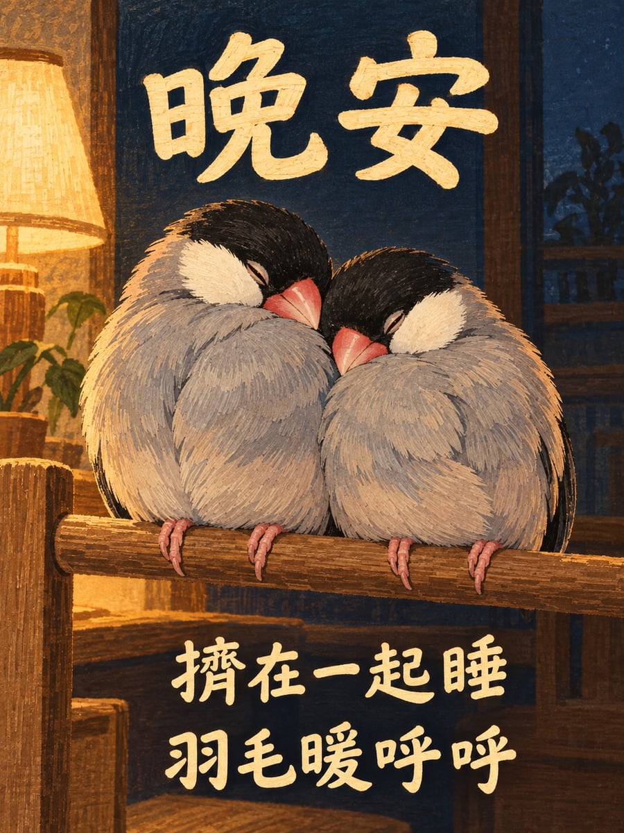 依偎的文鳥。圖中文字：晚安，擠在一起睡，羽毛暖呼呼