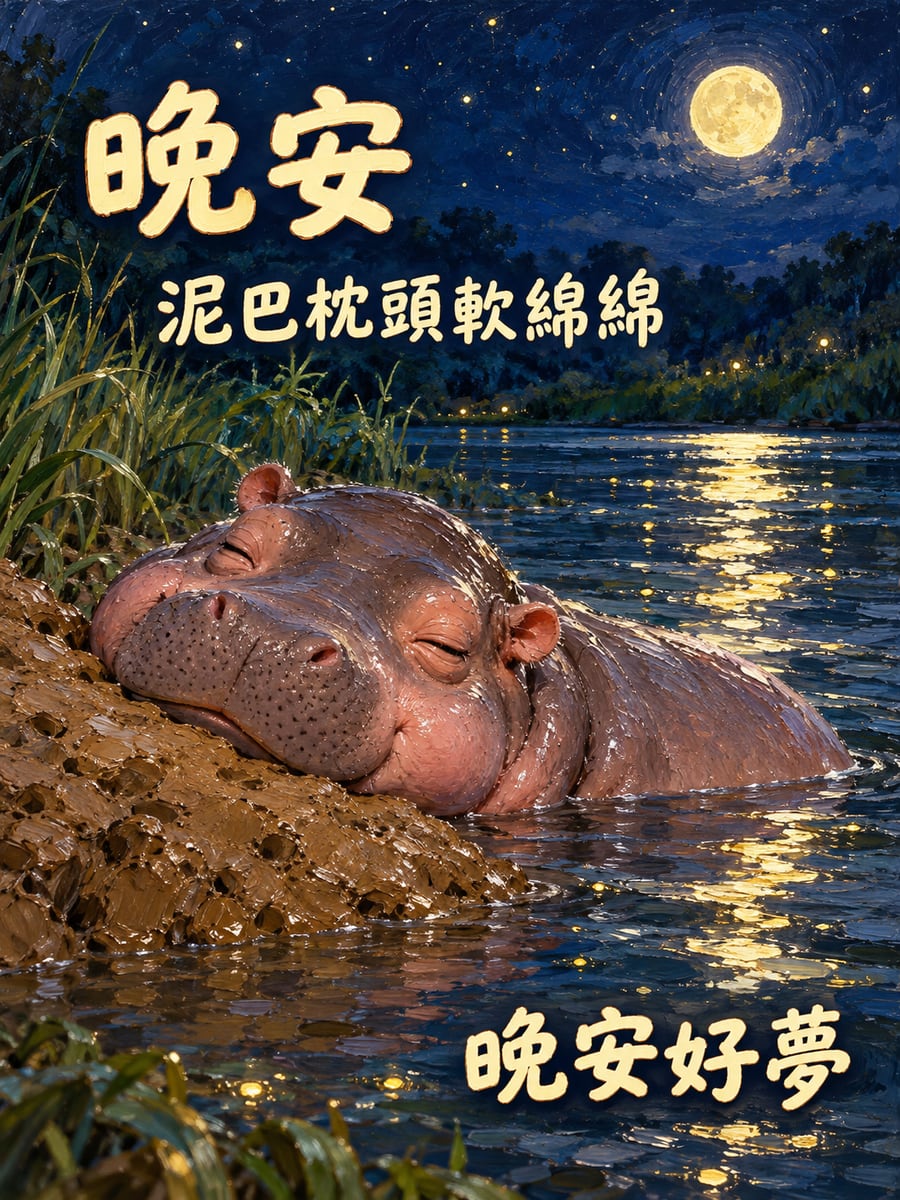 把泥巴當枕頭的小河馬。圖中文字：晚安，泥巴枕頭軟綿綿，晚安好夢