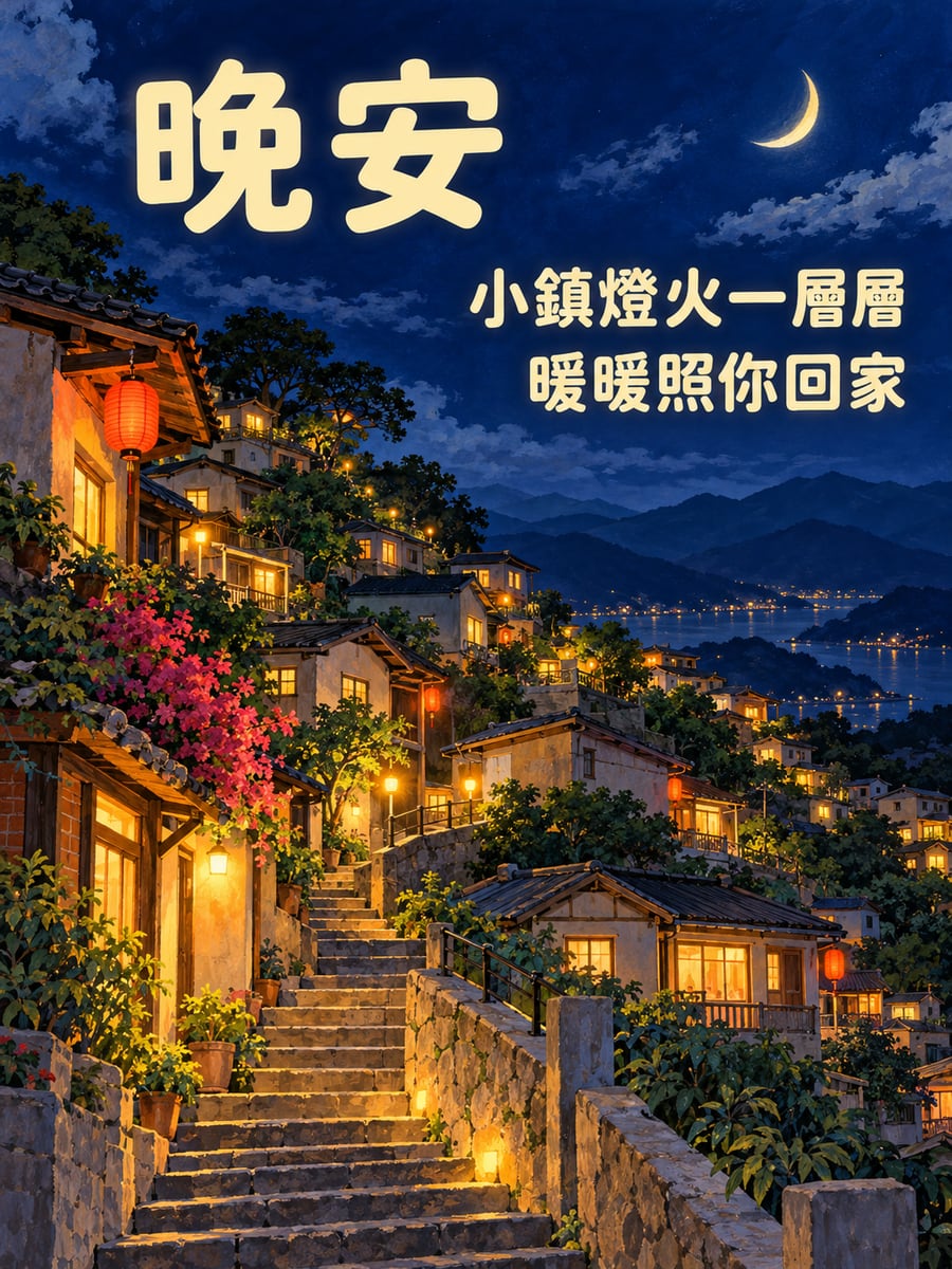 坡地小鎮燈火。圖中文字：晚安，小鎮燈火一層層，暖暖照你回家