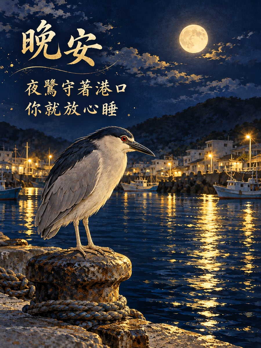 漁港的夜鷺。圖中文字：晚安，夜鷺守著港口，你就放心睡