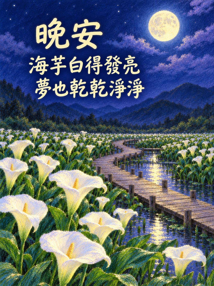 月光海芋田。圖中文字：晚安，海芋白得發亮，夢也乾乾淨淨