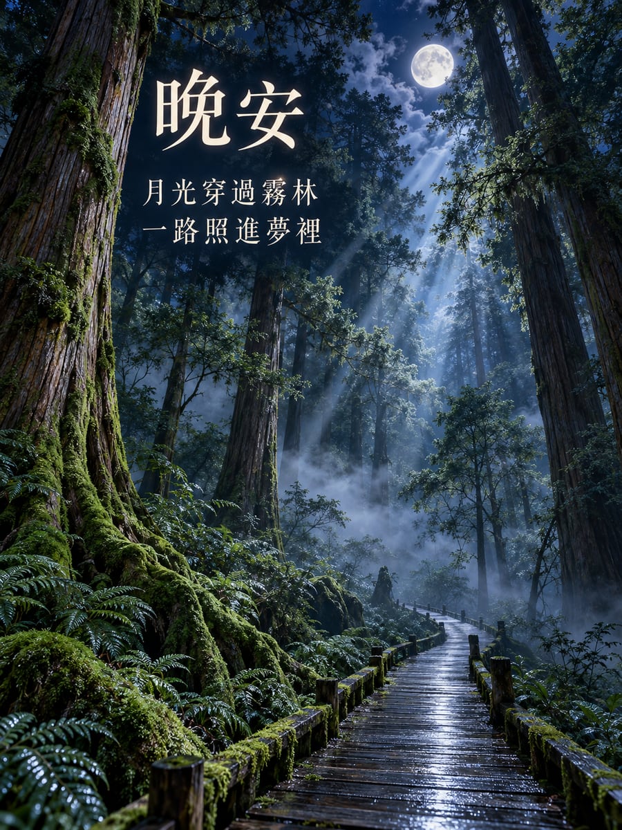 霧林月光。圖中文字：晚安，月光穿過霧林，一路照進夢裡