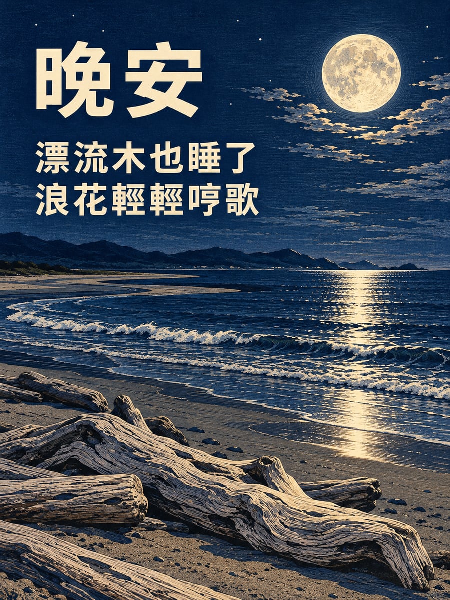 河口漂流木。圖中文字：晚安，漂流木也睡了，浪花輕輕哼歌