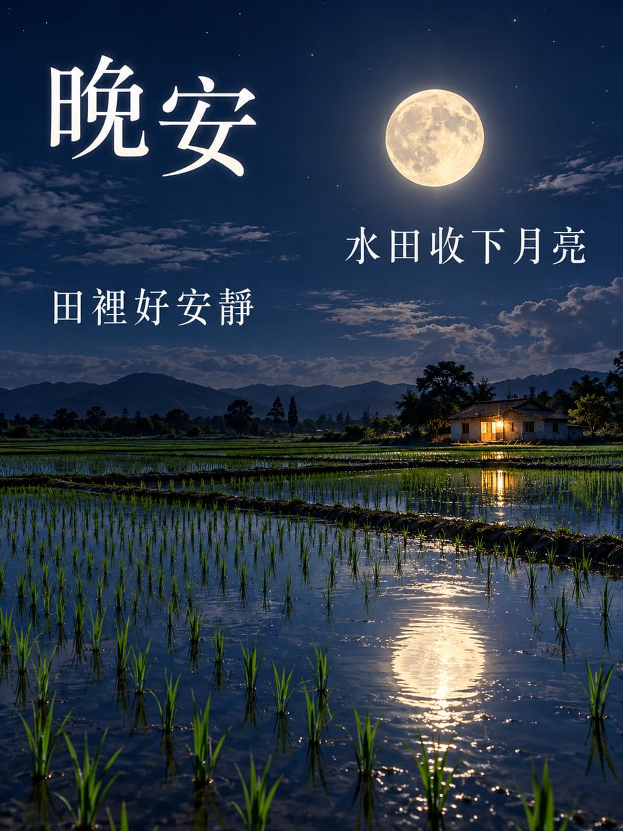 水田映月。圖中文字：晚安，水田收下月亮，田裡好安靜