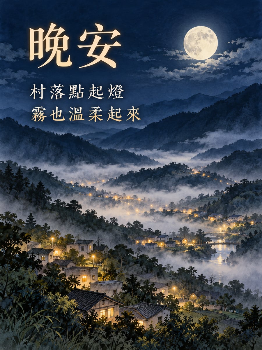 霧裡的村落燈火。圖中文字：晚安，村落點起燈，霧也溫柔起來