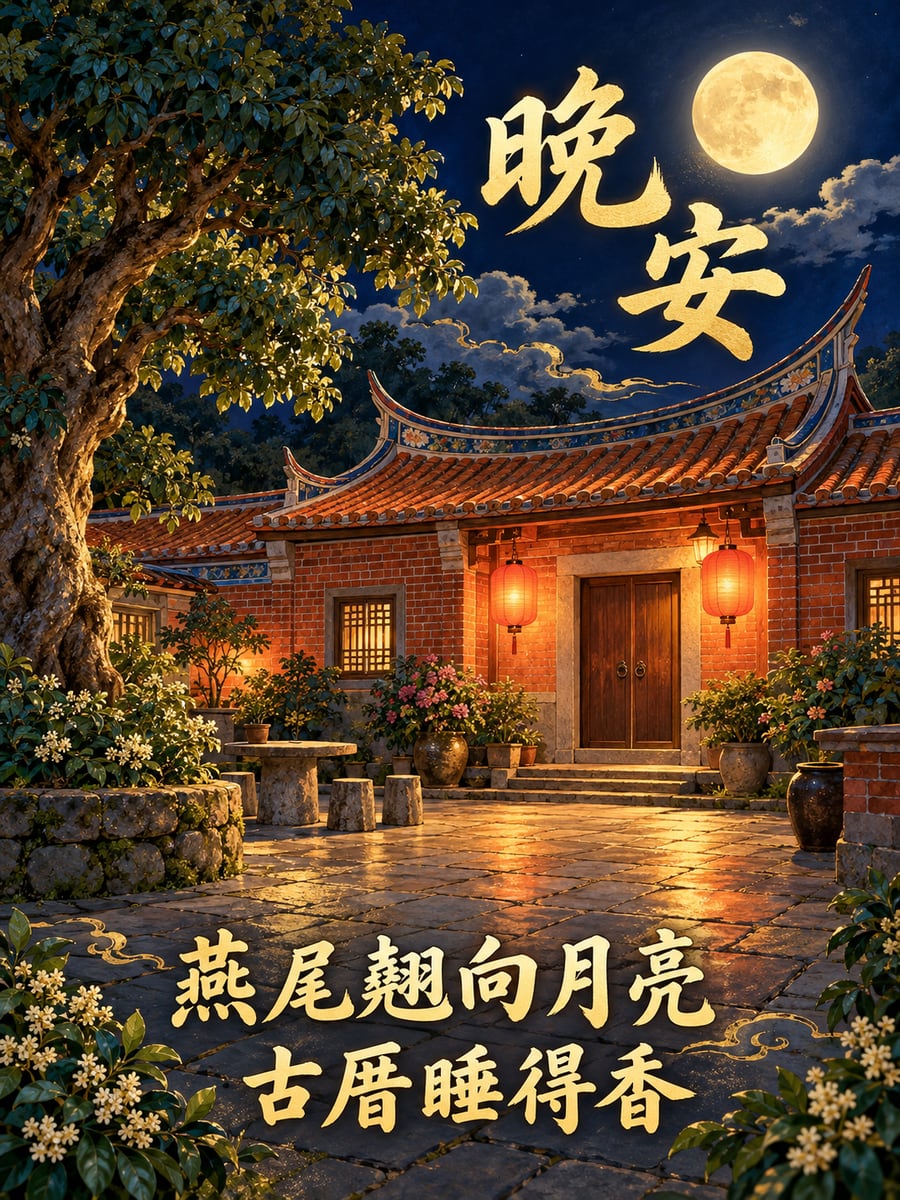 燕尾屋脊與月。圖中文字：晚安，燕尾翹向月亮，古厝睡得香