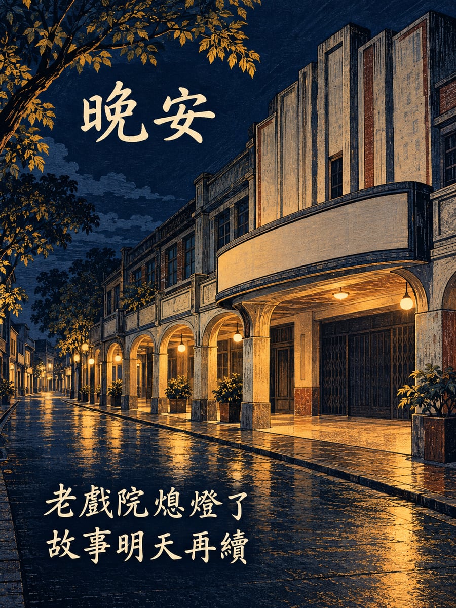 老戲院騎樓。圖中文字：晚安，老戲院熄燈了，故事明天再續