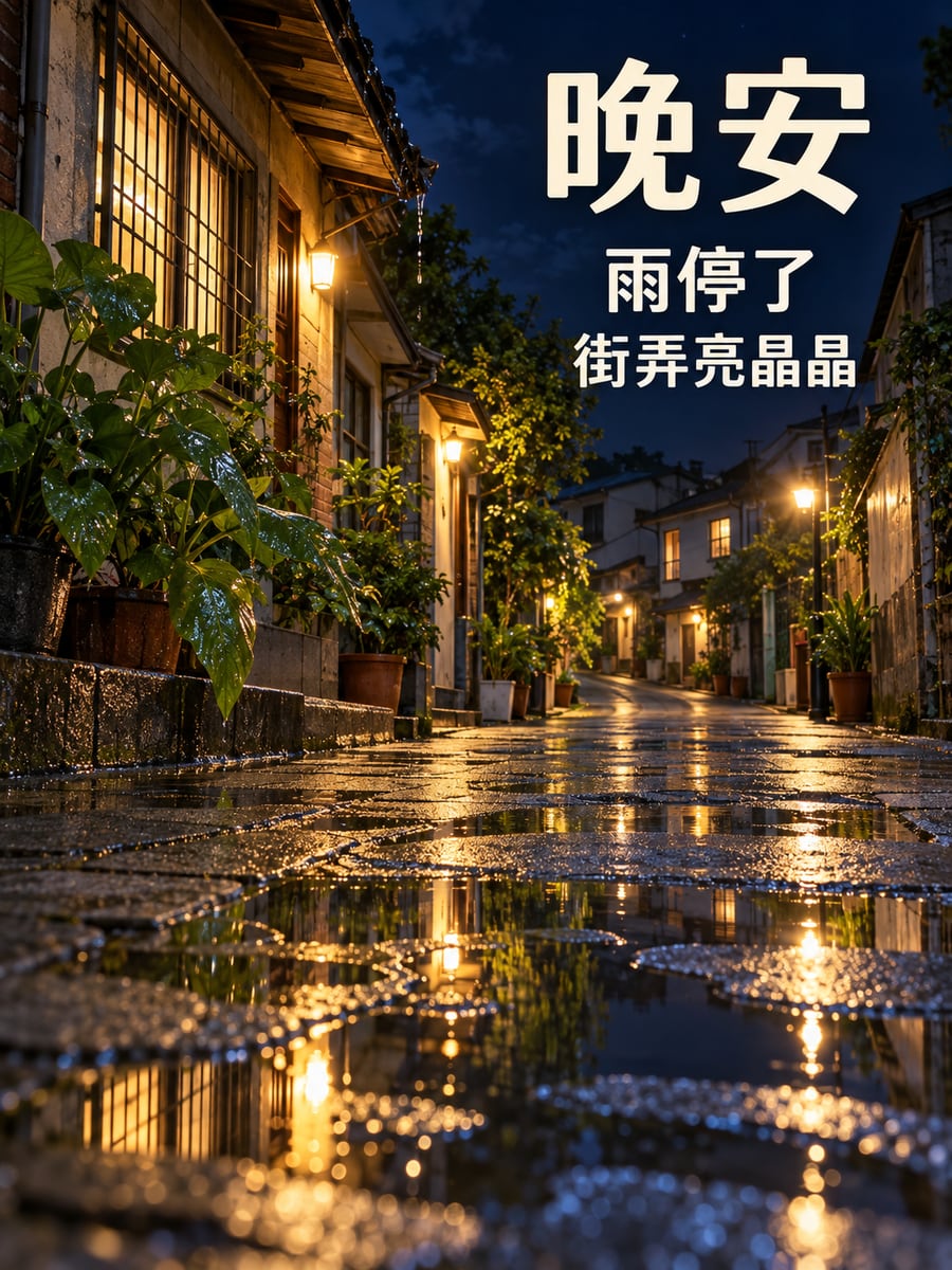 雨後街弄的水窪。圖中文字：晚安，雨停了，街弄亮晶晶