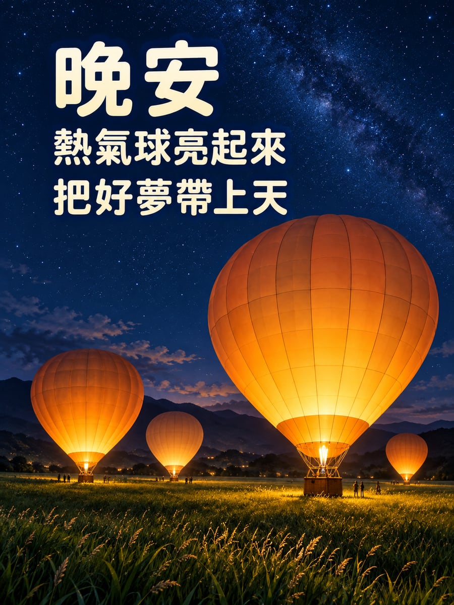 夜裡發光的熱氣球。圖中文字：晚安，熱氣球亮起來，把好夢帶上天