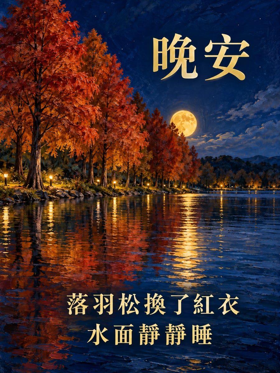 落羽松水畔。圖中文字：晚安，落羽松換了紅衣，水面靜靜睡