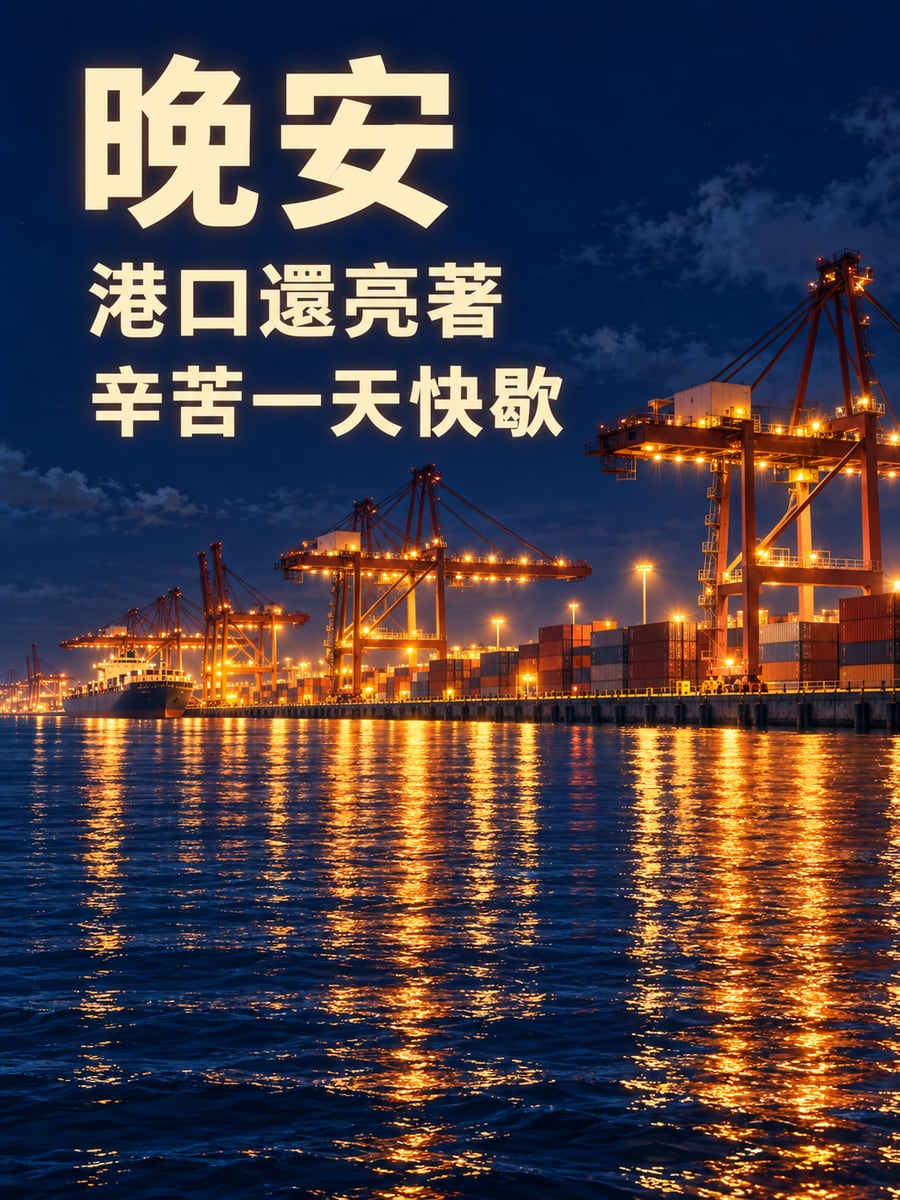 港口吊車燈光。圖中文字：晚安，港口還亮著，辛苦一天快歇