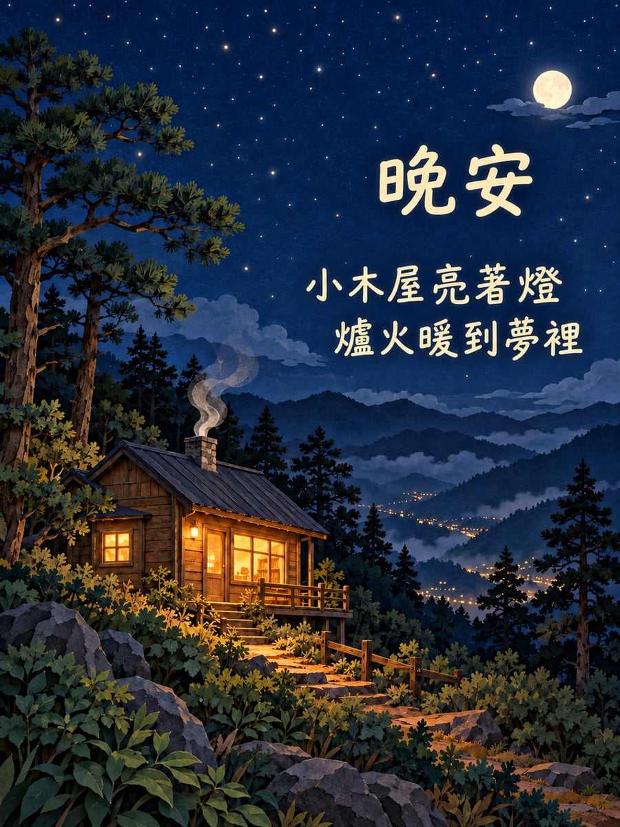 松林小木屋。圖中文字：晚安，小木屋亮著燈，爐火暖到夢裡