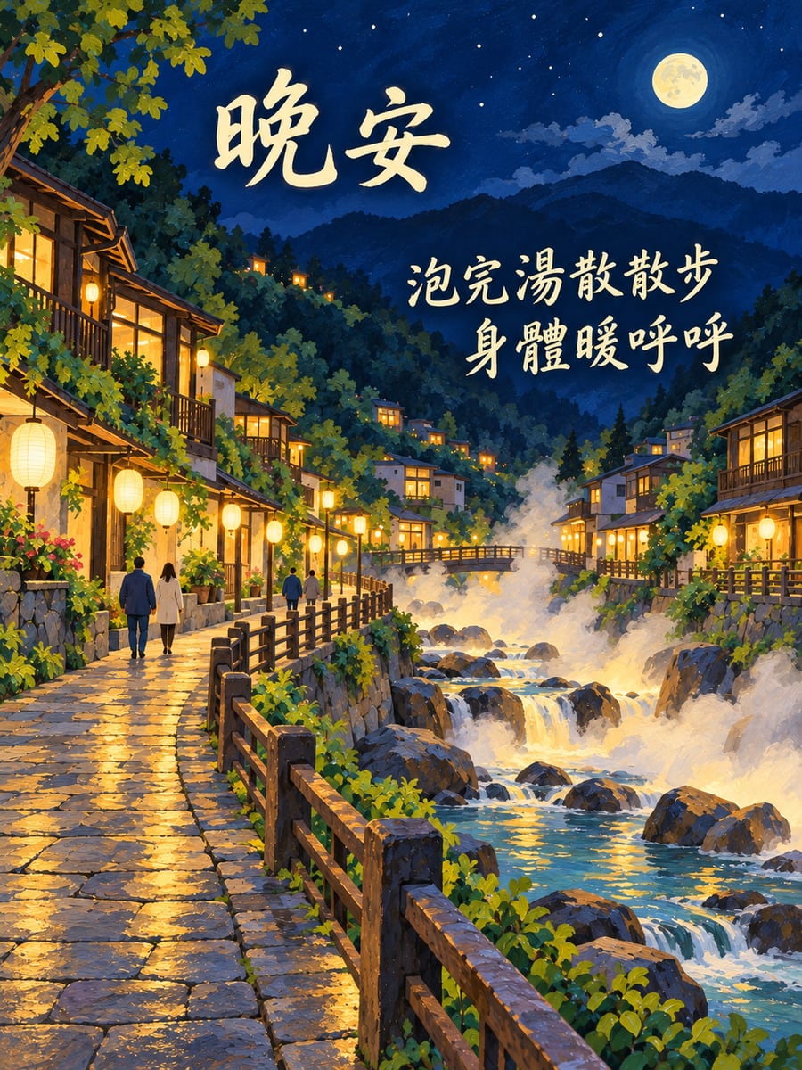溫泉街燈籠。圖中文字：晚安，泡完湯散散步，身體暖呼呼