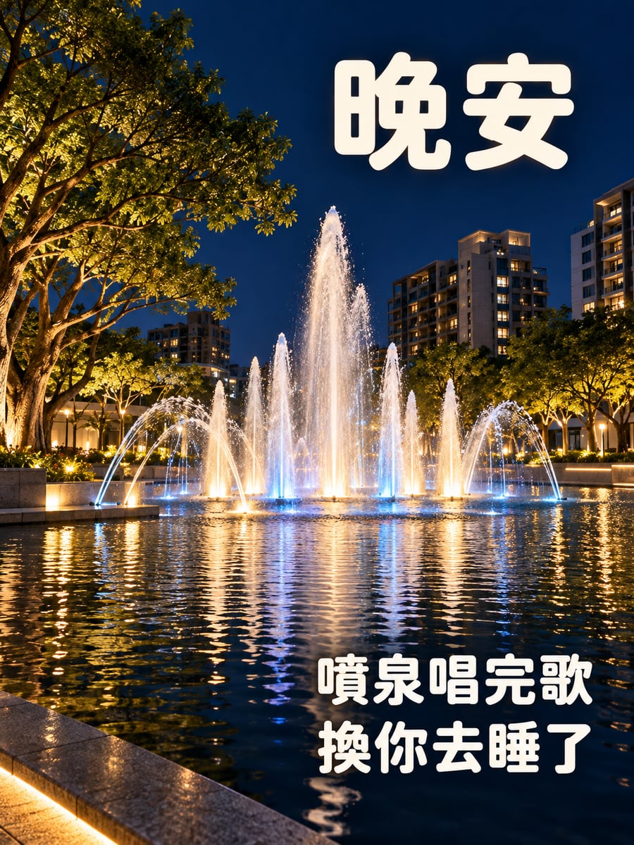 廣場噴泉燈光。圖中文字：晚安，噴泉唱完歌，換你去睡了