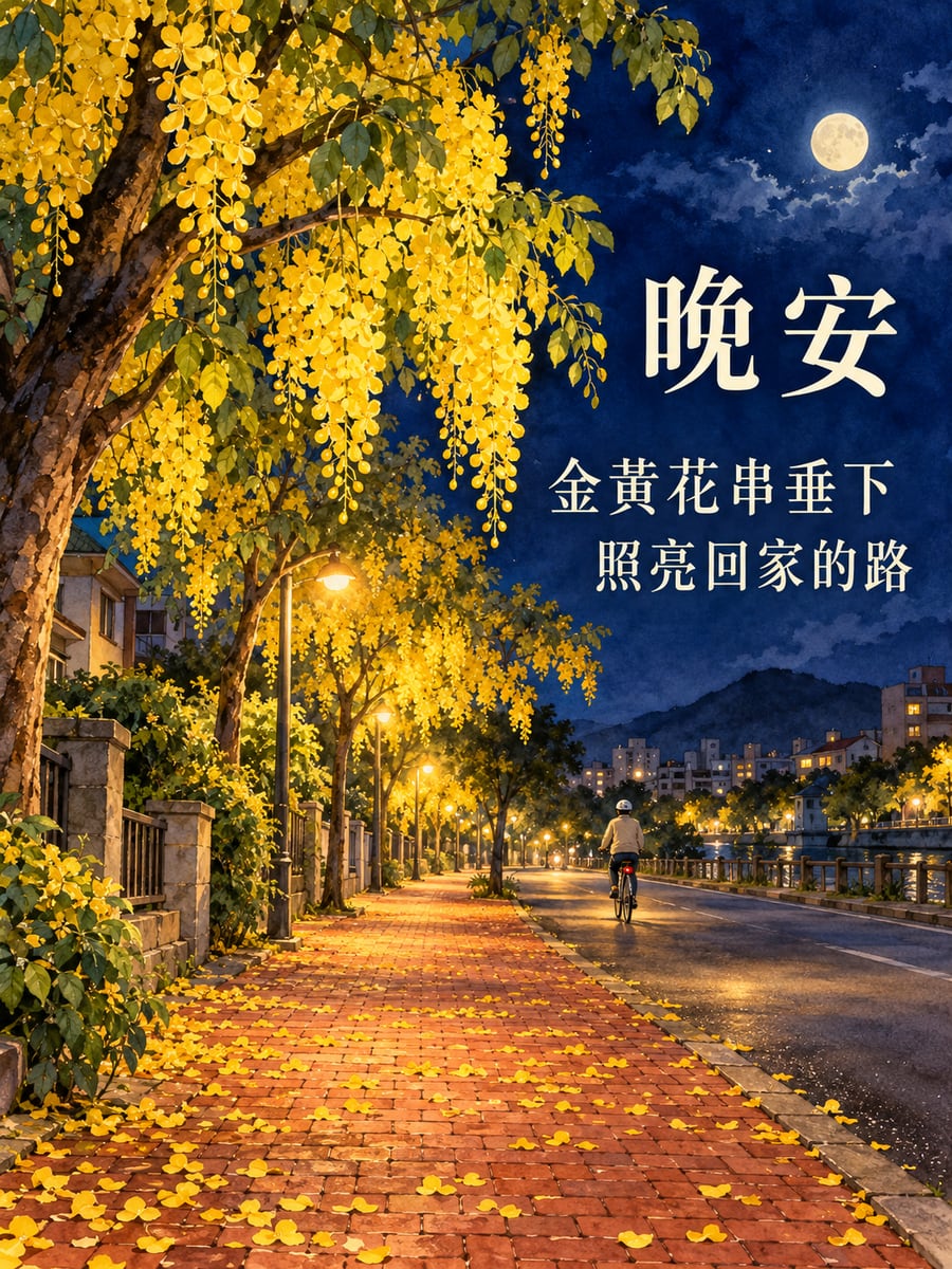 路燈下的阿勃勒。圖中文字：晚安，金黃花串垂下，照亮回家的路