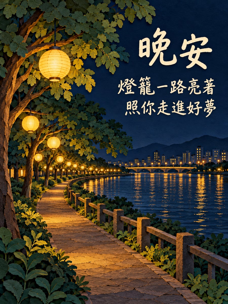 燈籠步道。圖中文字：晚安，燈籠一路亮著，照你走進好夢