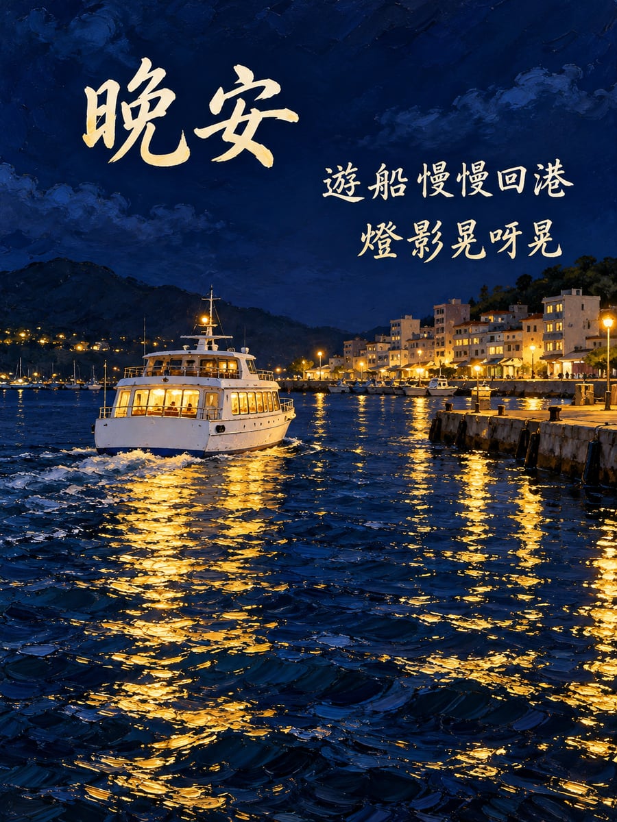 港灣遊船燈影。圖中文字：晚安，遊船慢慢回港，燈影晃呀晃