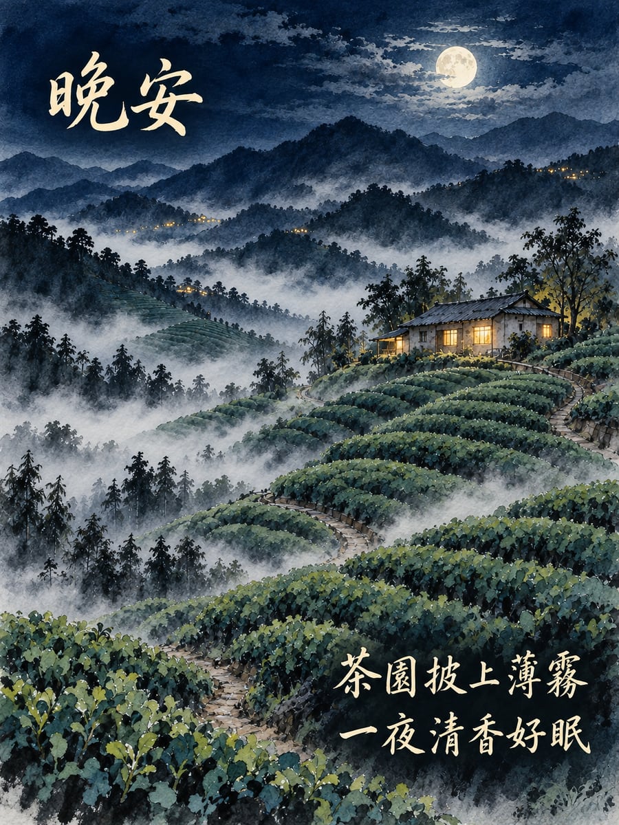 夜霧茶園。圖中文字：晚安，茶園披上薄霧，一夜清香好眠