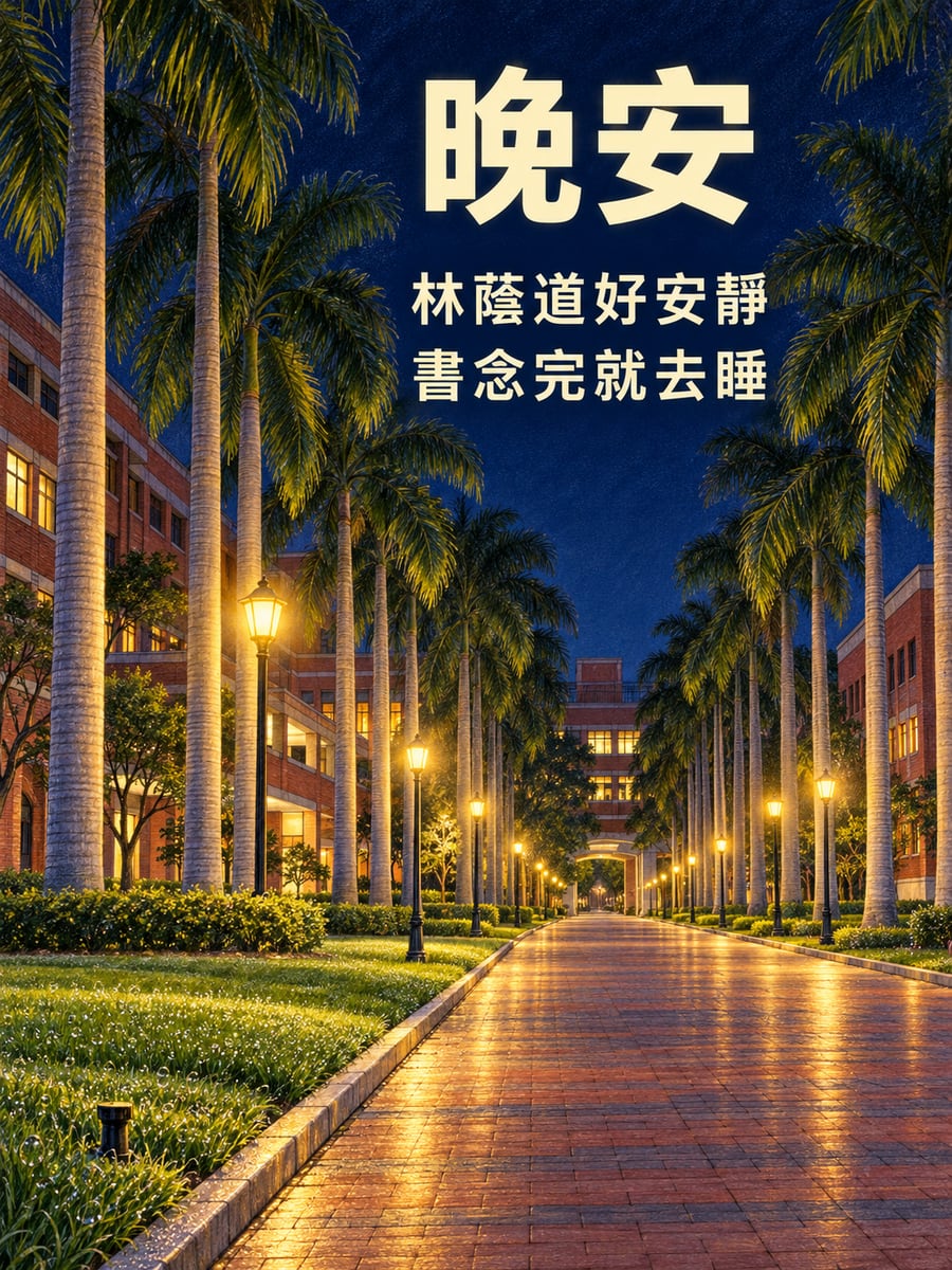 校園林蔭道。圖中文字：晚安，林蔭道好安靜，書念完就去睡