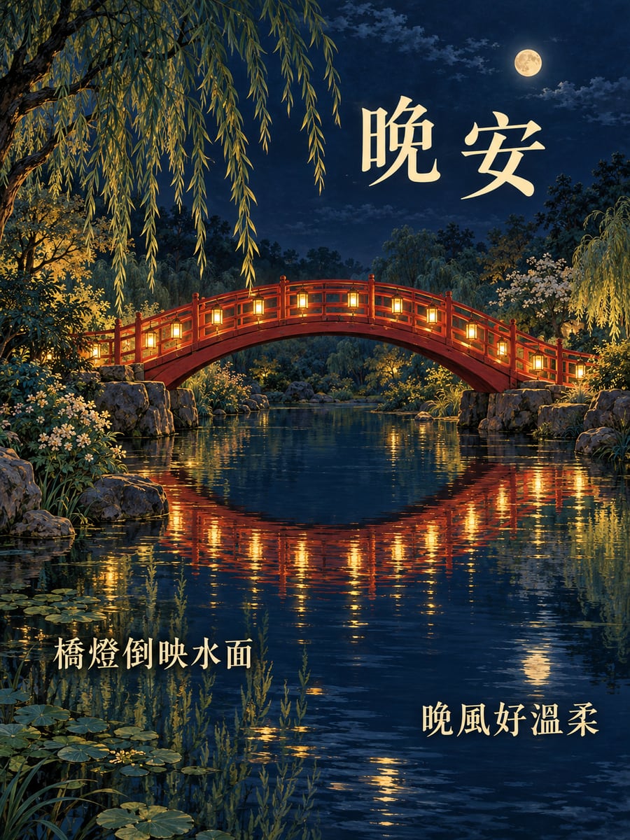 木拱橋燈影。圖中文字：晚安，橋燈倒映水面，晚風好溫柔