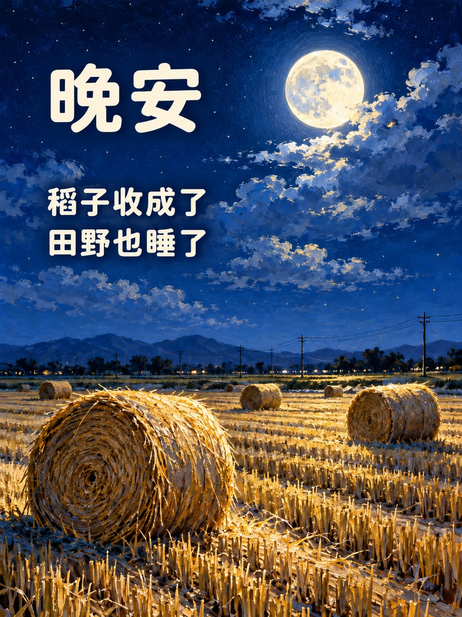 月光下的稻草捲。圖中文字：晚安，稻子收成了，田野也睡了