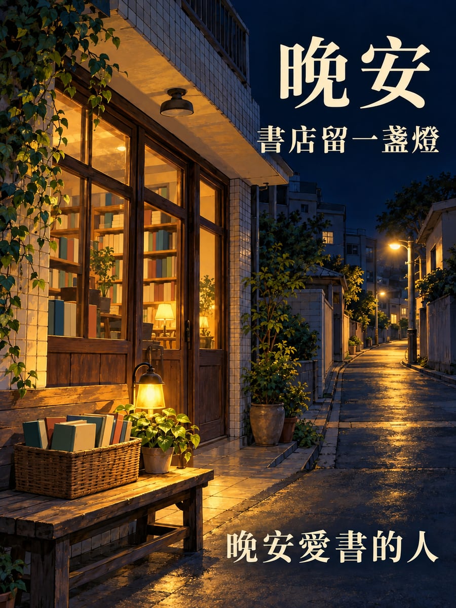書店門口的夜燈。圖中文字：晚安，書店留一盞燈，晚安愛書的人