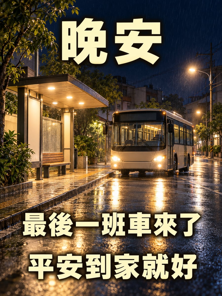 雨夜公車亭。圖中文字：晚安，最後一班車來了，平安到家就好